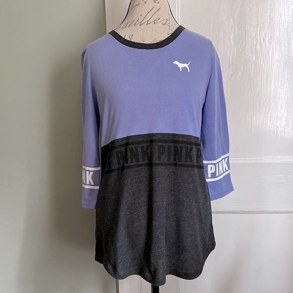 PINK Victoria’s Secret Lilac and Charcoal Raglan Sleeve Tee - Picture 1 of 11